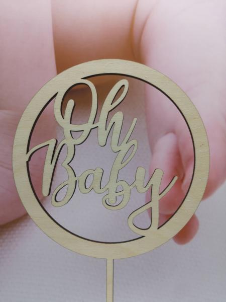 Cake topper "Oh Baby" made of wood in natural birch